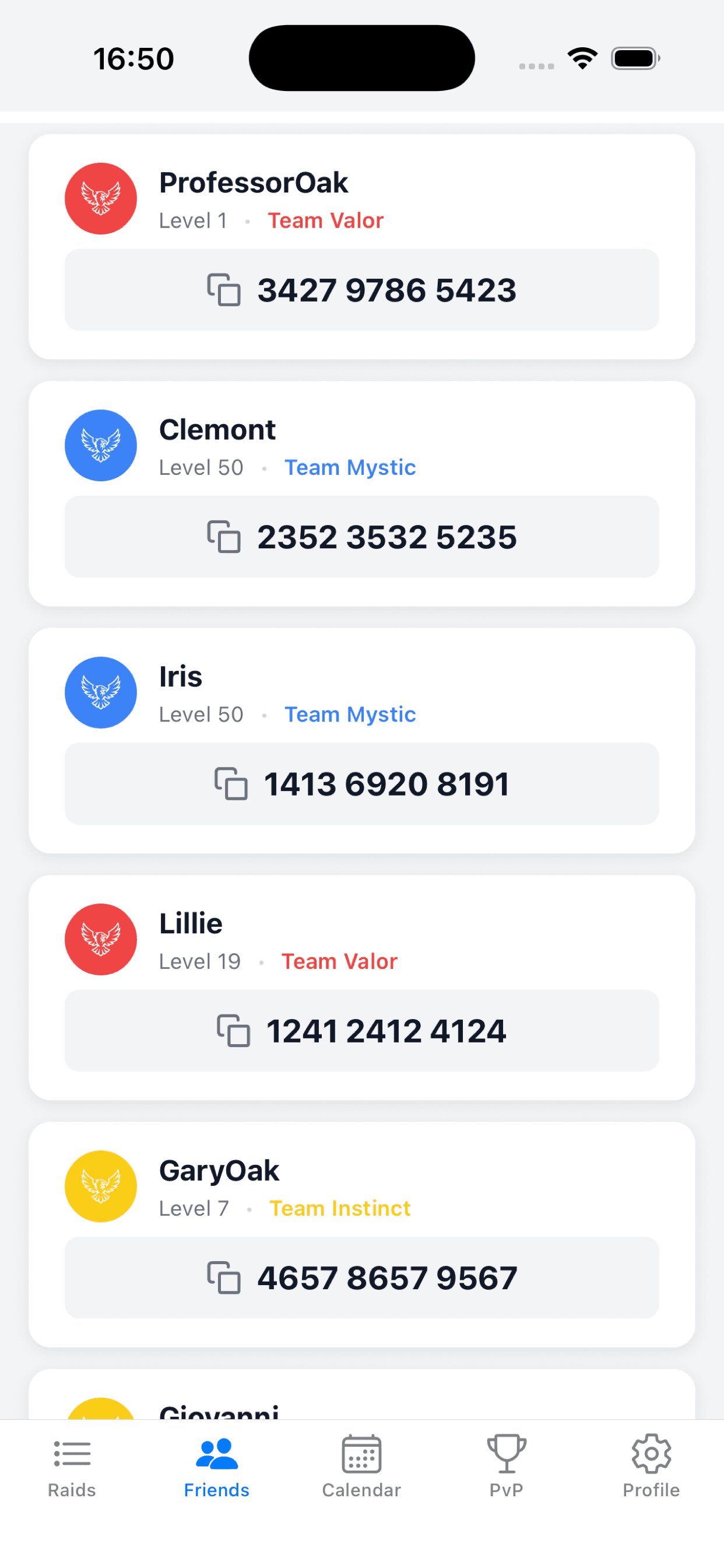 Mobile app screen showing friends interface with trainer profiles and friend management